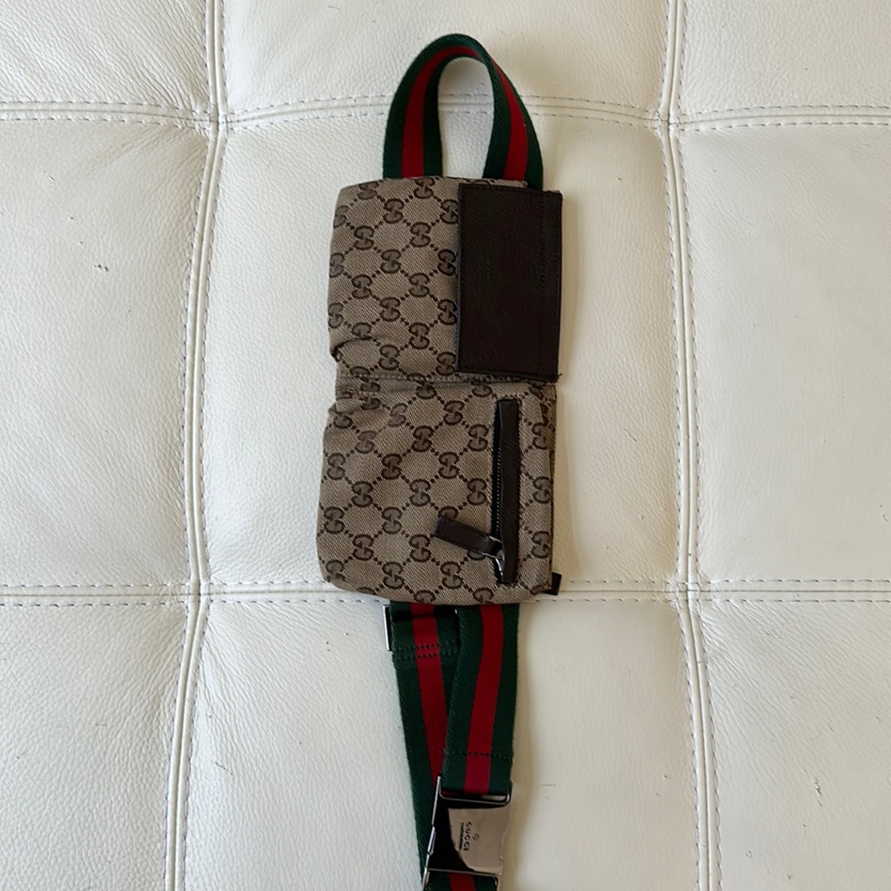 Authentic GUCCI Double Pocket Monogram Belt Bag